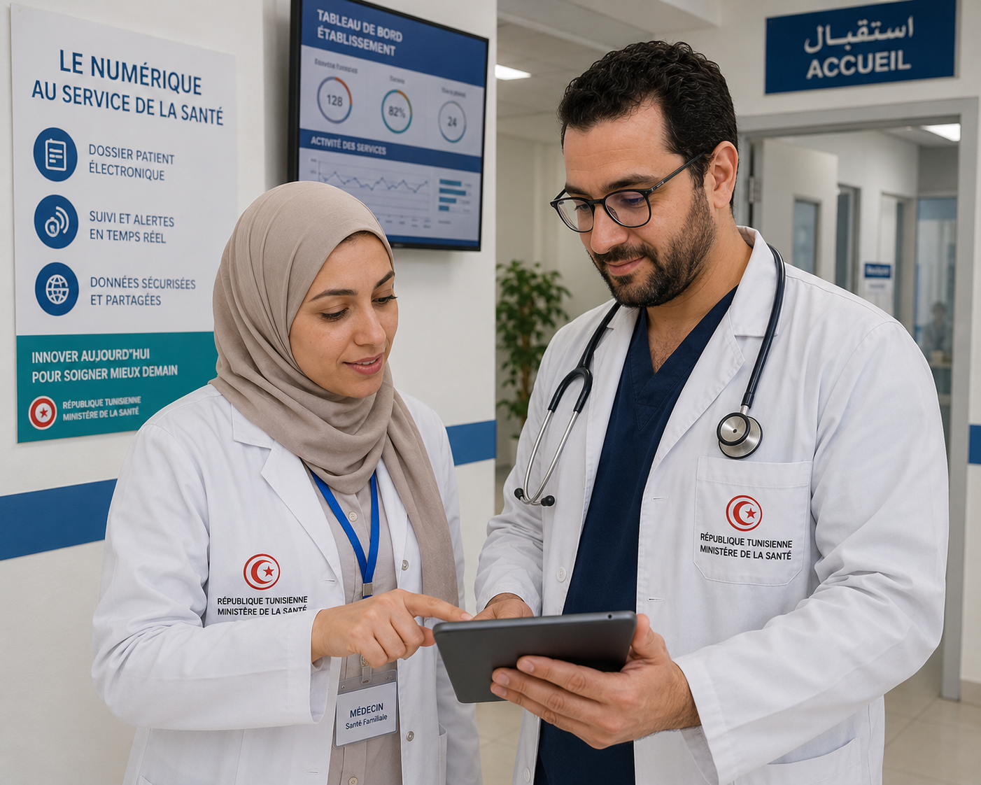 Health professionals with digital tablet, Tunisia