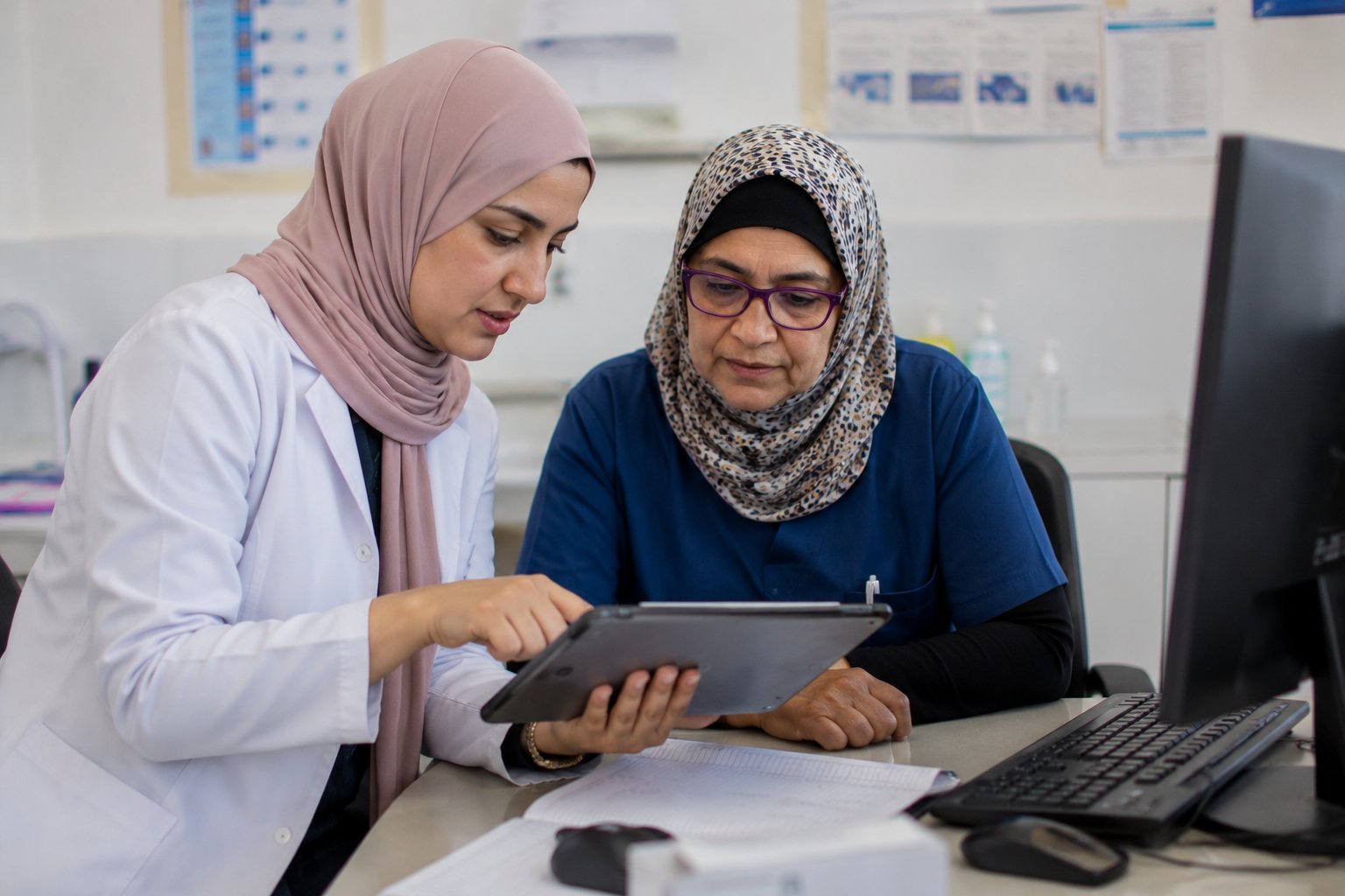 Professionnels de la santé analysant des données sur tablette